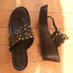 Tory Burch Chocolate/Gold studded Wedges